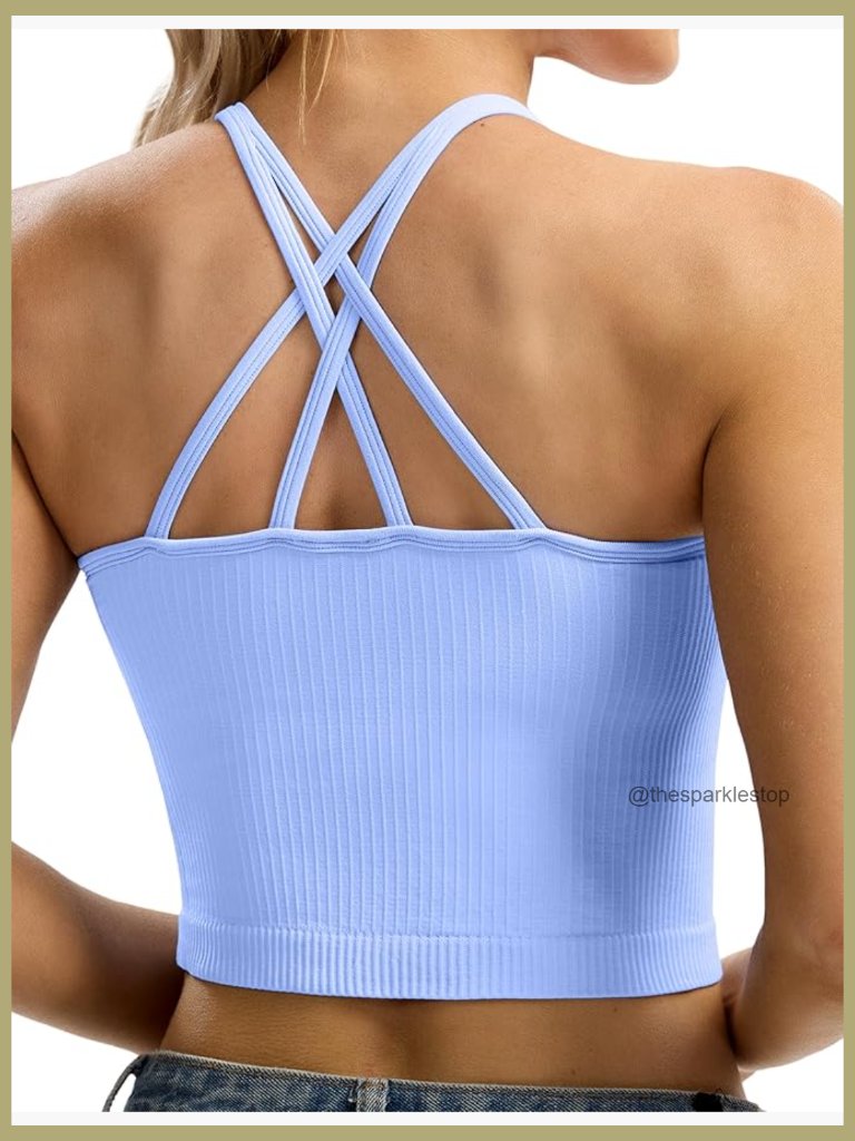 Cross Back Crop Tank Top With Built-In Bra, Ribbed Padded Sports Bra